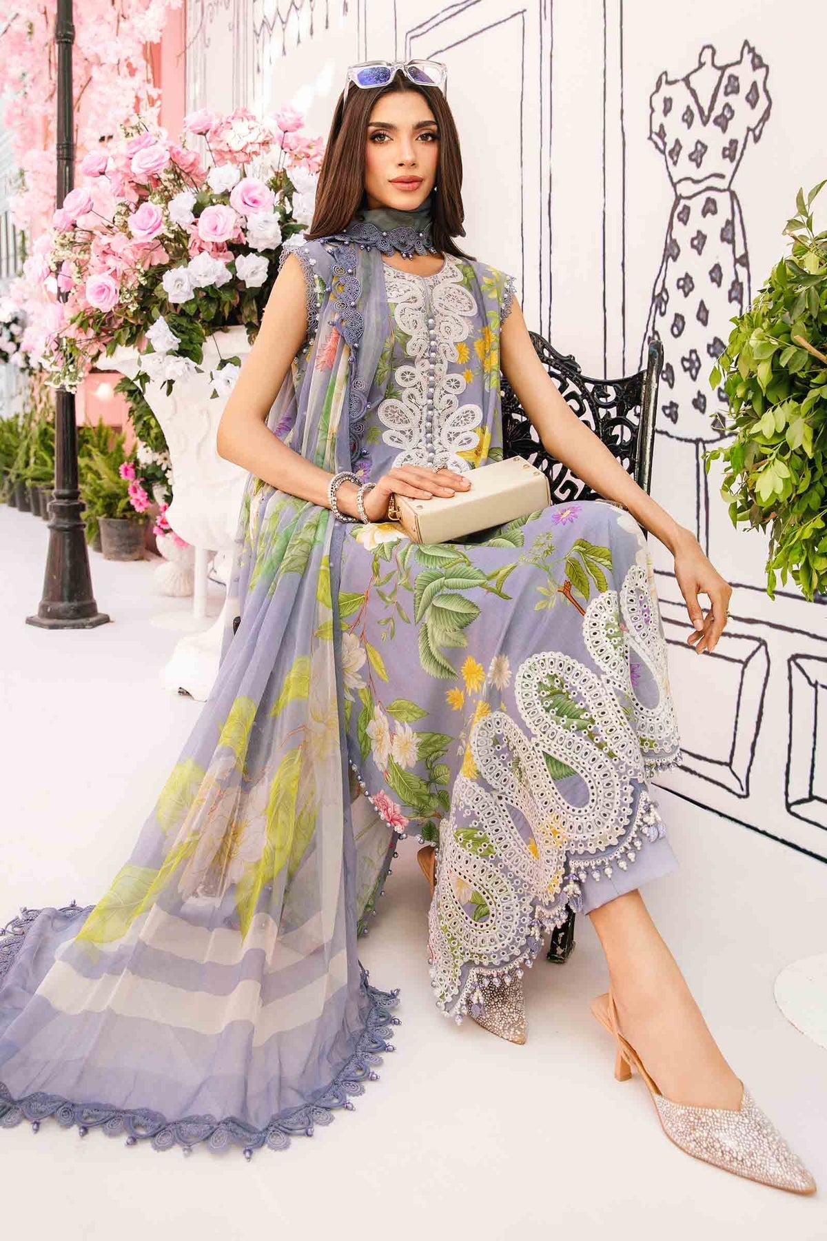 M.PRINTS 3 PIECE UNSTITCHED EMBROIDERED LAWN SUIT MPT-2604-A