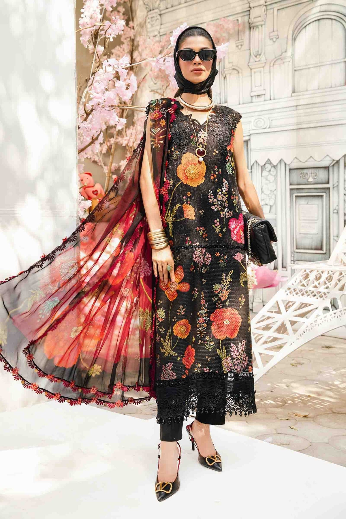 M.PRINTS 3 PIECE UNSTITCHED EMBROIDERED LAWN SUIT MPT-2607-B