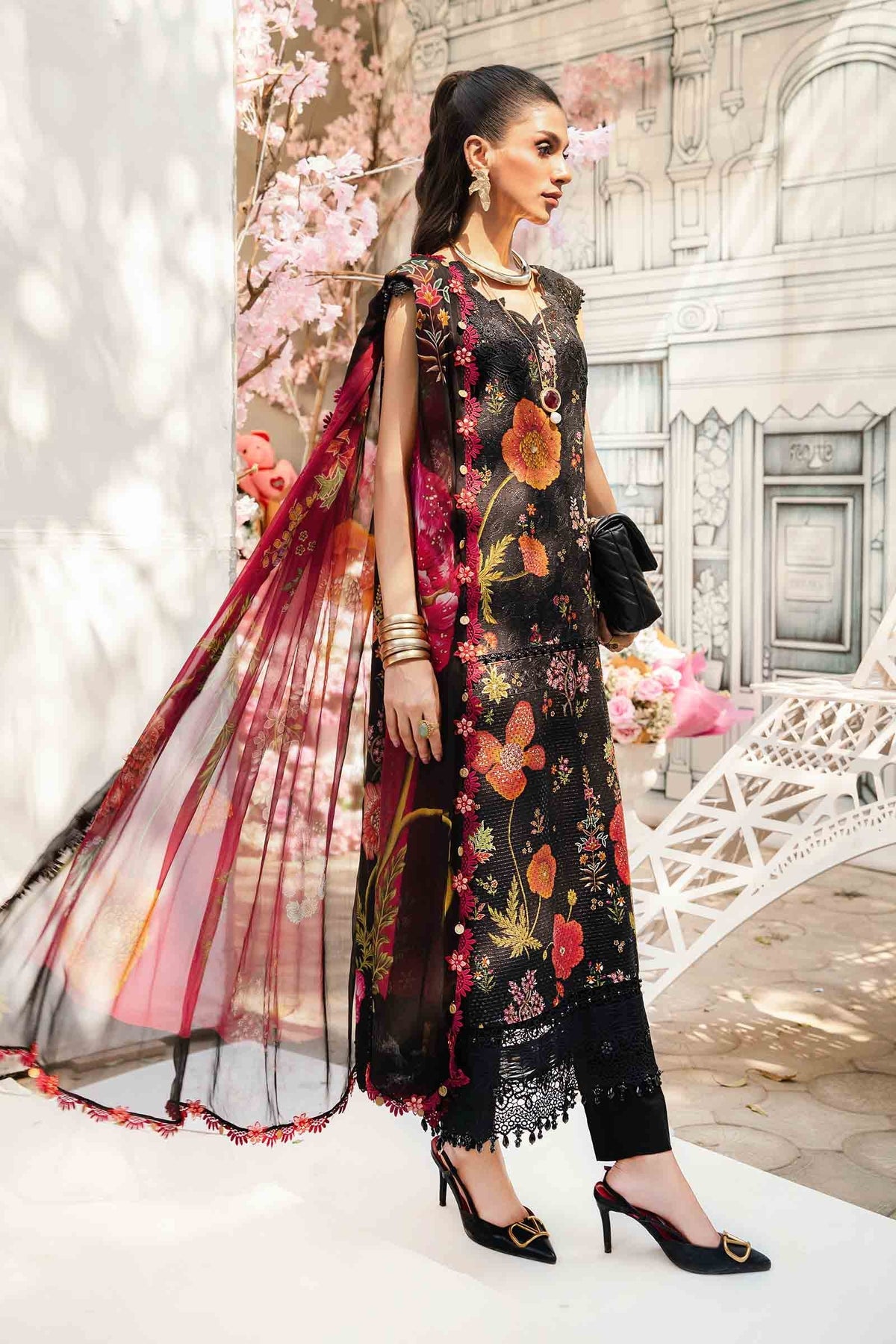 M.PRINTS 3 PIECE UNSTITCHED EMBROIDERED LAWN SUIT MPT-2607-B