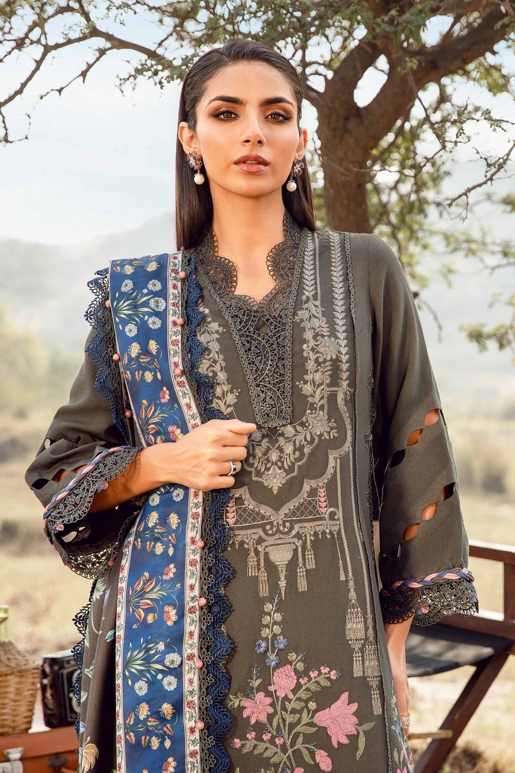 M.PRINTS 3 PIECE UNSTITCHED EMBROIDERED LAWN SUIT MPT-2401-A