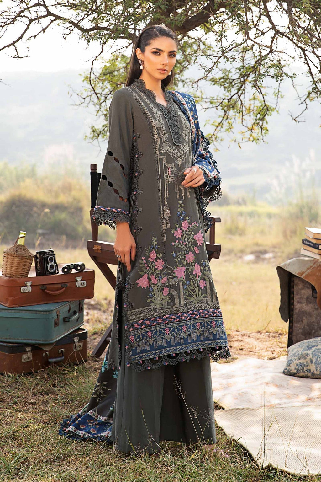 M.PRINTS 3 PIECE UNSTITCHED EMBROIDERED LAWN SUIT MPT-2401-A